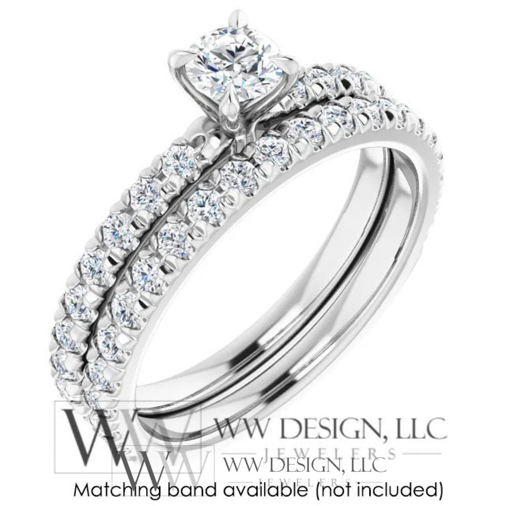 DIAMOND Engagement Ring Genuine F+ VS 0.25 ct (0.61 ctw) 4.1mm 14k Gold (Y, W, R) 18k Gold, Platinum Round w Pave Diamond Band Promise Ring