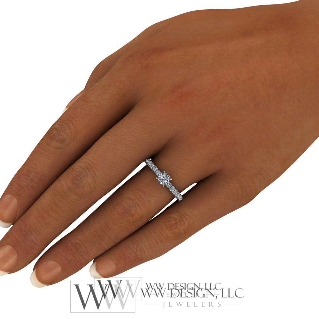 DIAMOND Engagement Ring Genuine F+ VS 0.25 ct (0.61 ctw) 4.1mm 14k Gold (Y, W, R) 18k Gold, Platinum Round w Pave Diamond Band Promise Ring