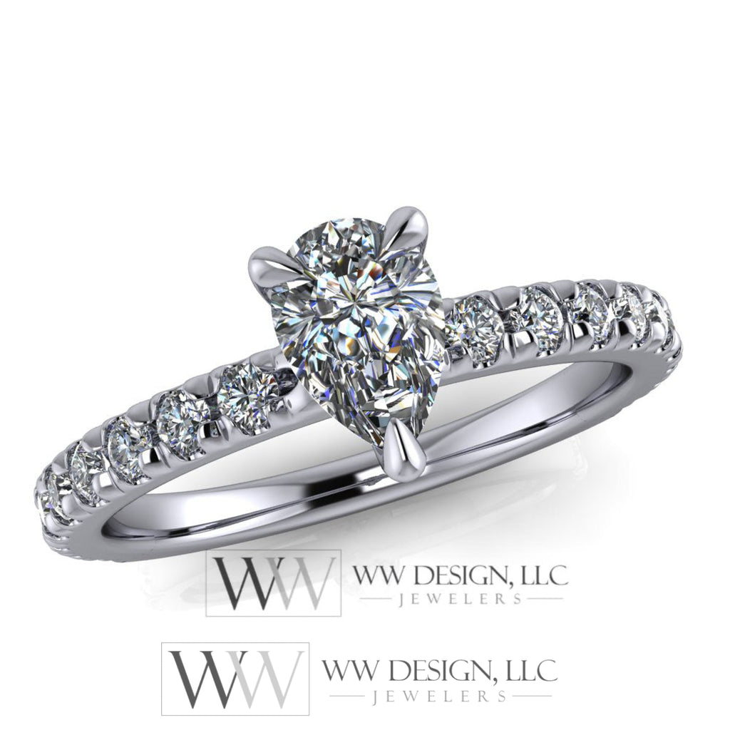 DIAMOND Engagement Ring Genuine Pear F-H VS 0.33 ct (0.69 ctw) 6x4mm 14k Gold (Y, W, R), 18k Gold, Platinum w Pave Diamond Band Promise Ring