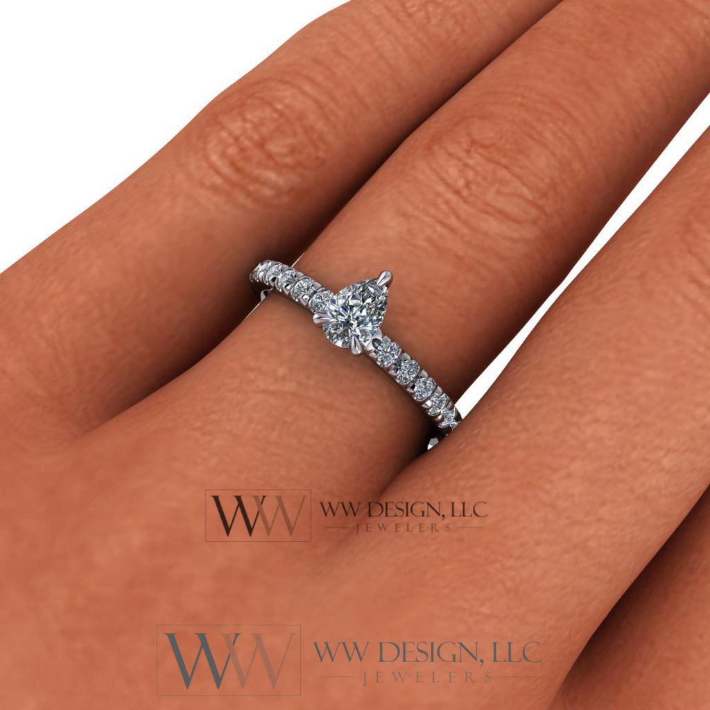 DIAMOND Engagement Ring Genuine Pear F-H VS 0.33 ct (0.69 ctw) 6x4mm 14k Gold (Y, W, R), 18k Gold, Platinum w Pave Diamond Band Promise Ring
