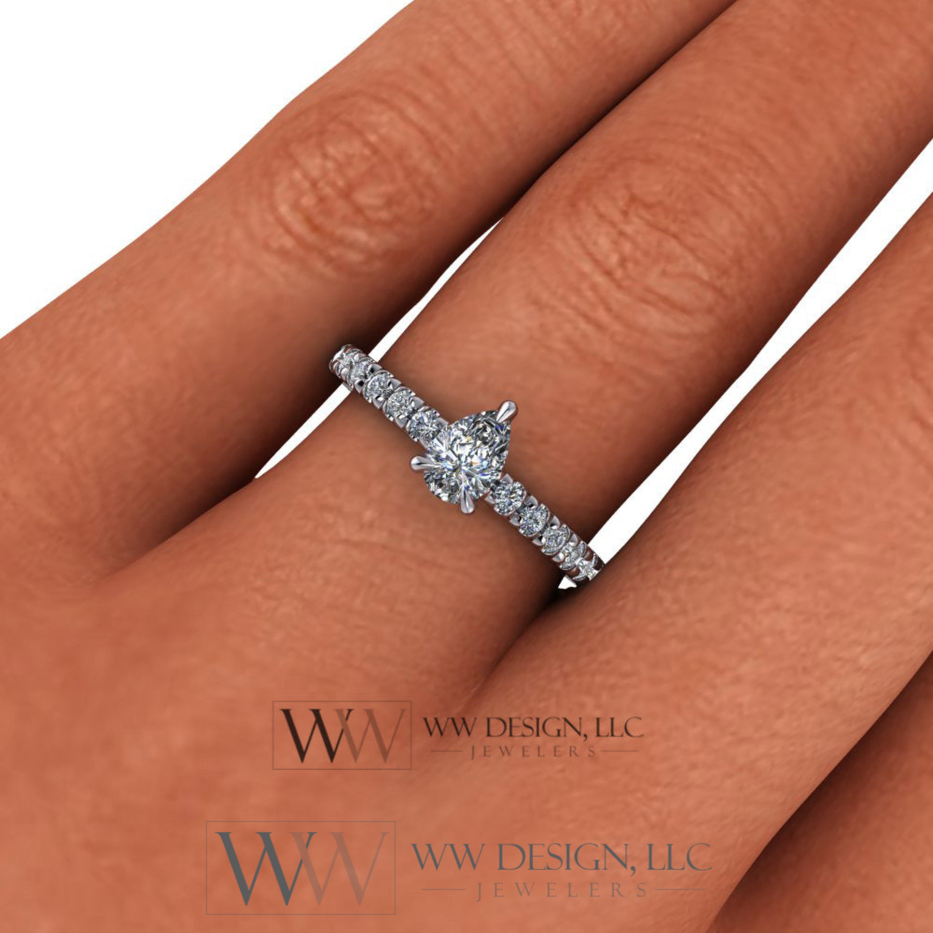 DIAMOND Engagement Ring Genuine Pear F-H VS 0.33 ct (0.69 ctw) 6x4mm 14k Gold (Y, W, R), 18k Gold, Platinum w Pave Diamond Band Promise Ring