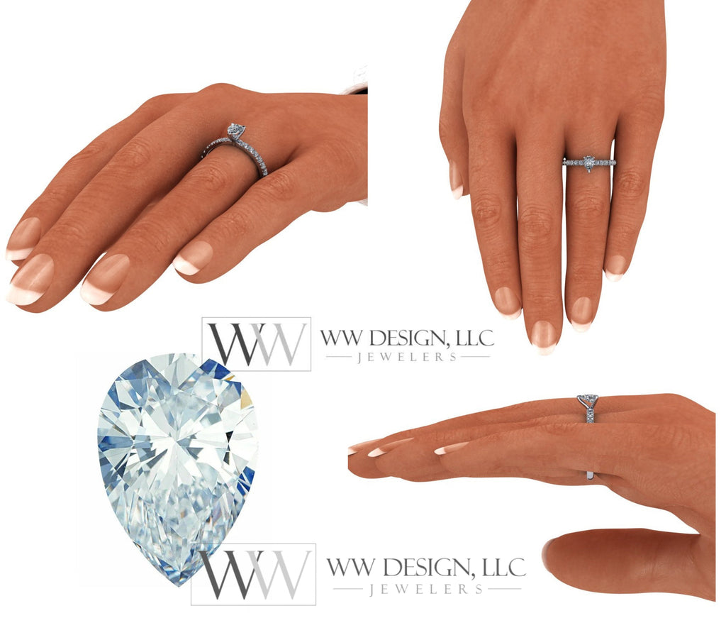 DIAMOND Engagement Ring Genuine Pear F-H VS 0.33 ct (0.69 ctw) 6x4mm 14k Gold (Y, W, R), 18k Gold, Platinum w Pave Diamond Band Promise Ring
