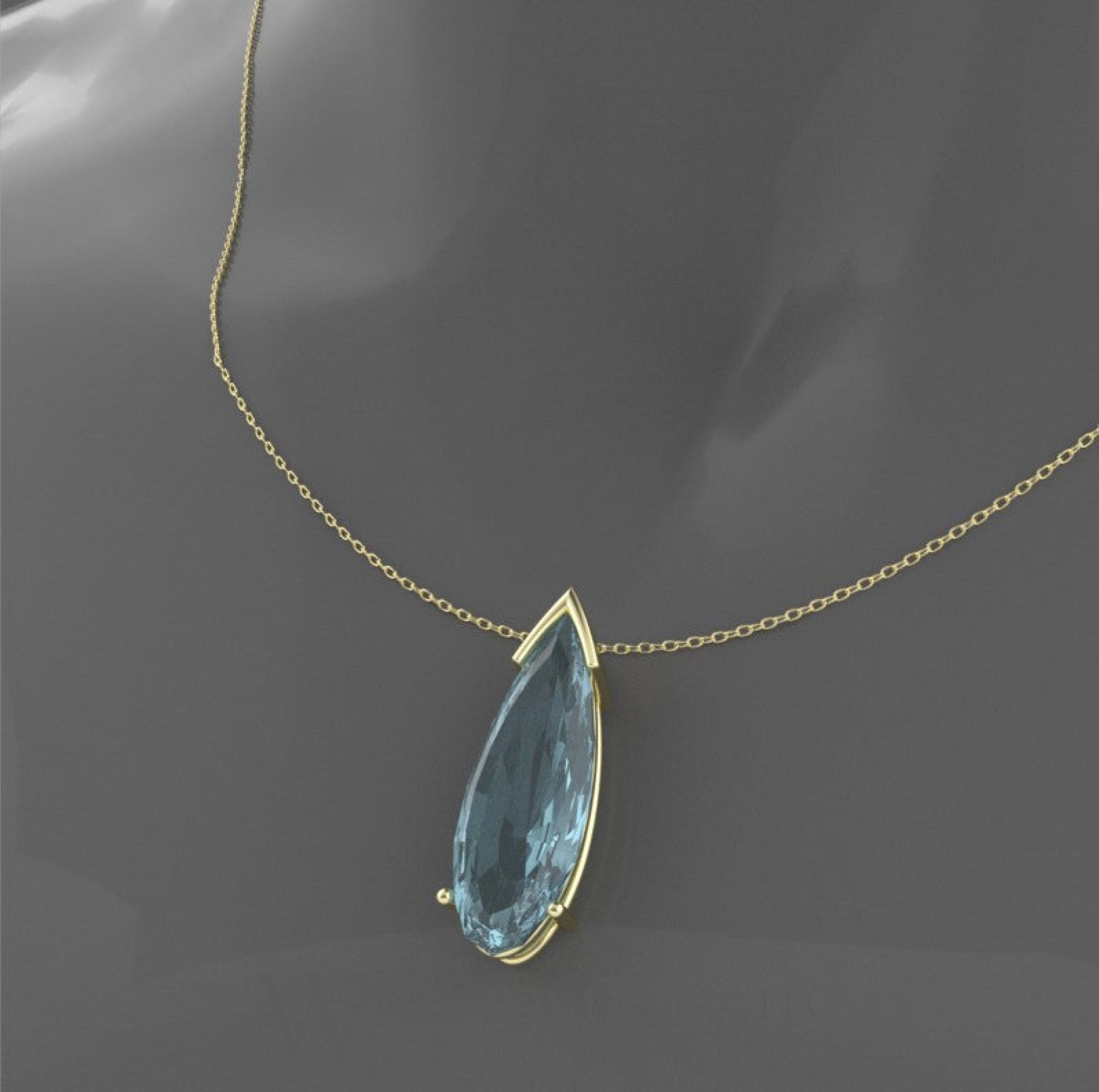 Elongated Pear Aquamarine Necklace - 18K Or 14K Gold (Y