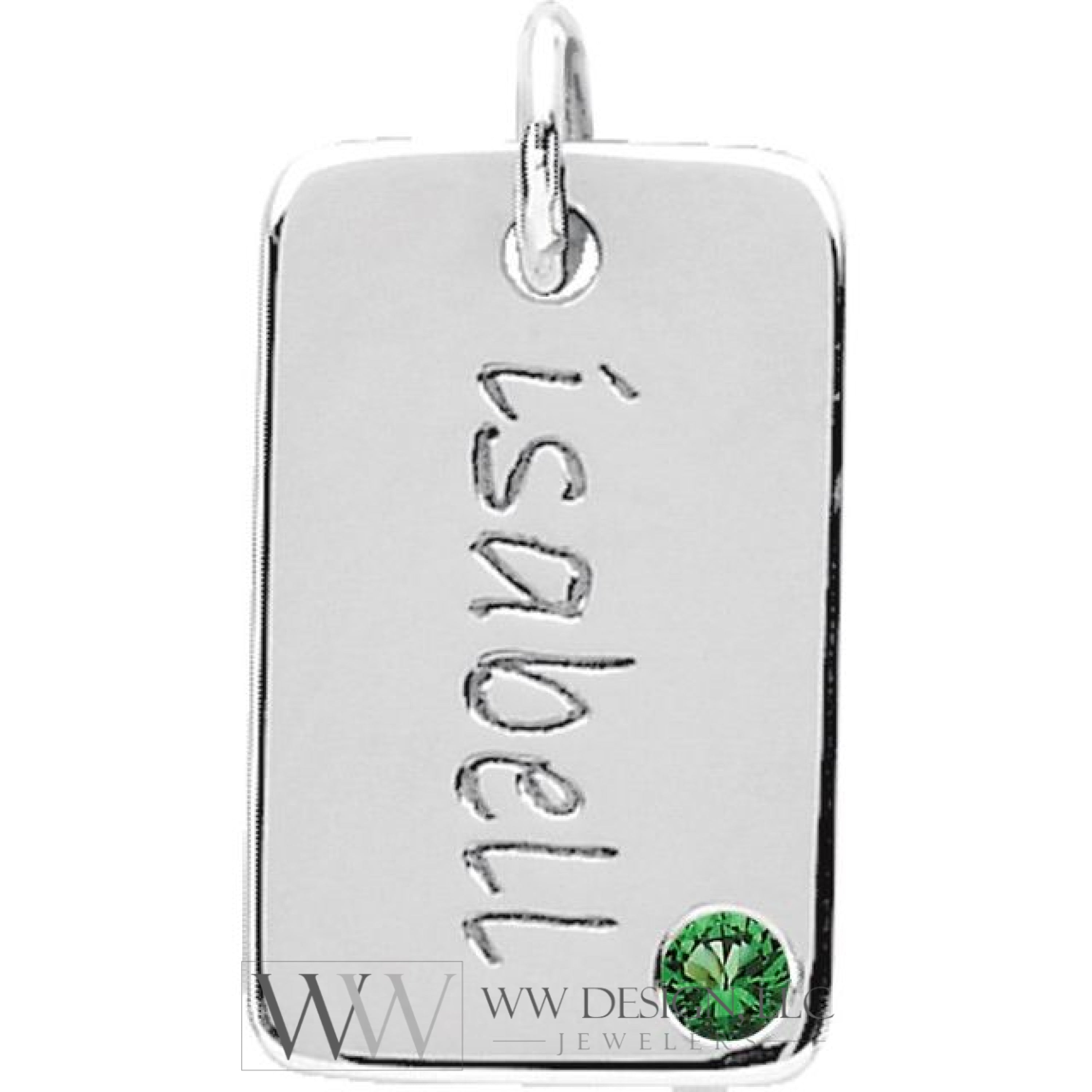 Engravable Mini Dog Tag Pendant 16x10mm Set with 2mm Emerald, Diamond, Sapphire (Blue, Yellow, White or Pink), or Ruby - 14k Gold (Y, W, R), Sterling Silver