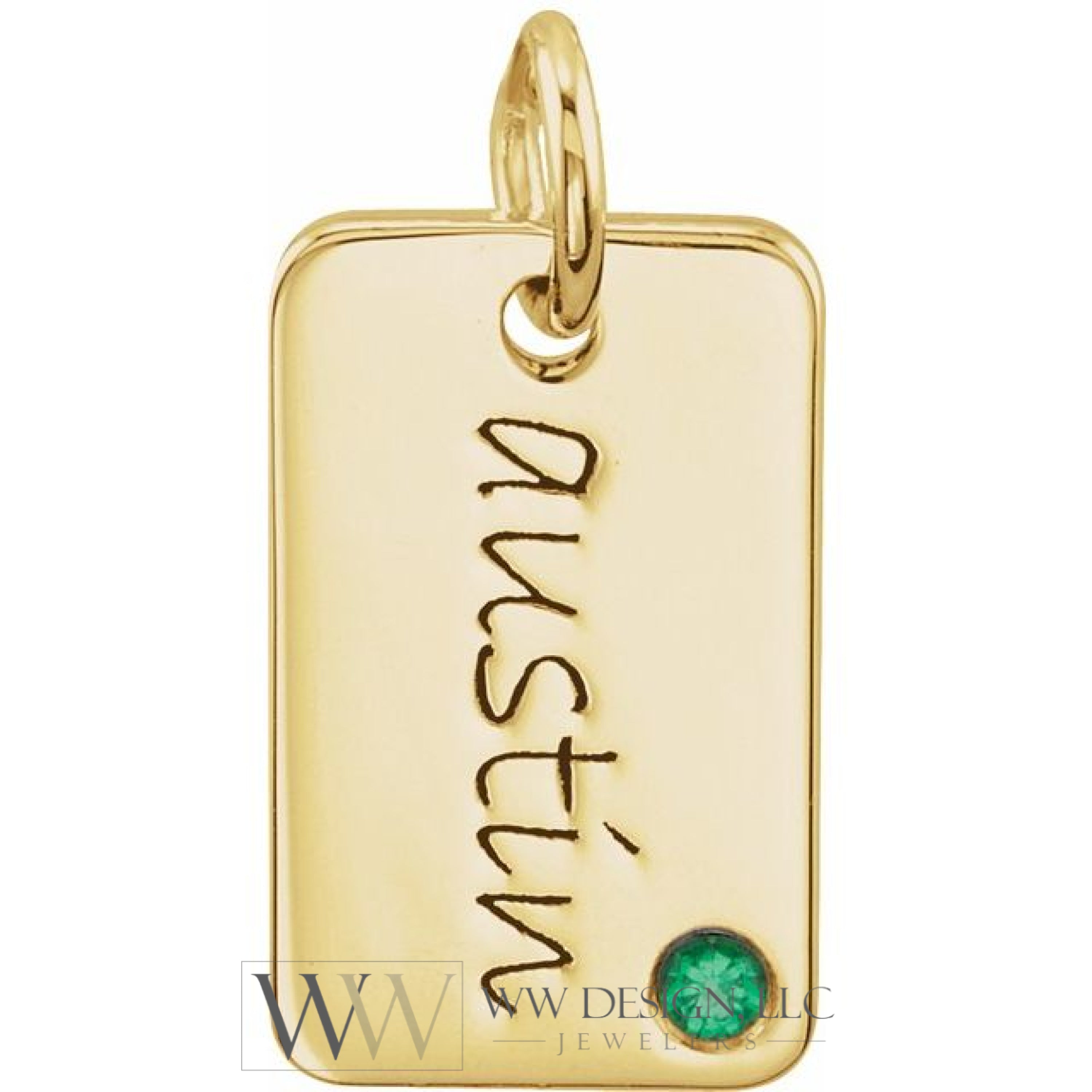 Engravable Mini Dog Tag Pendant 16x10mm Set with 2mm Emerald, Diamond, Sapphire (Blue, Yellow, White or Pink), or Ruby - 14k Gold (Y, W, R), Sterling Silver