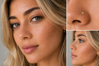 A close-up of a woman's face, including her nose and lips, with a small green gemstone nose piercing.