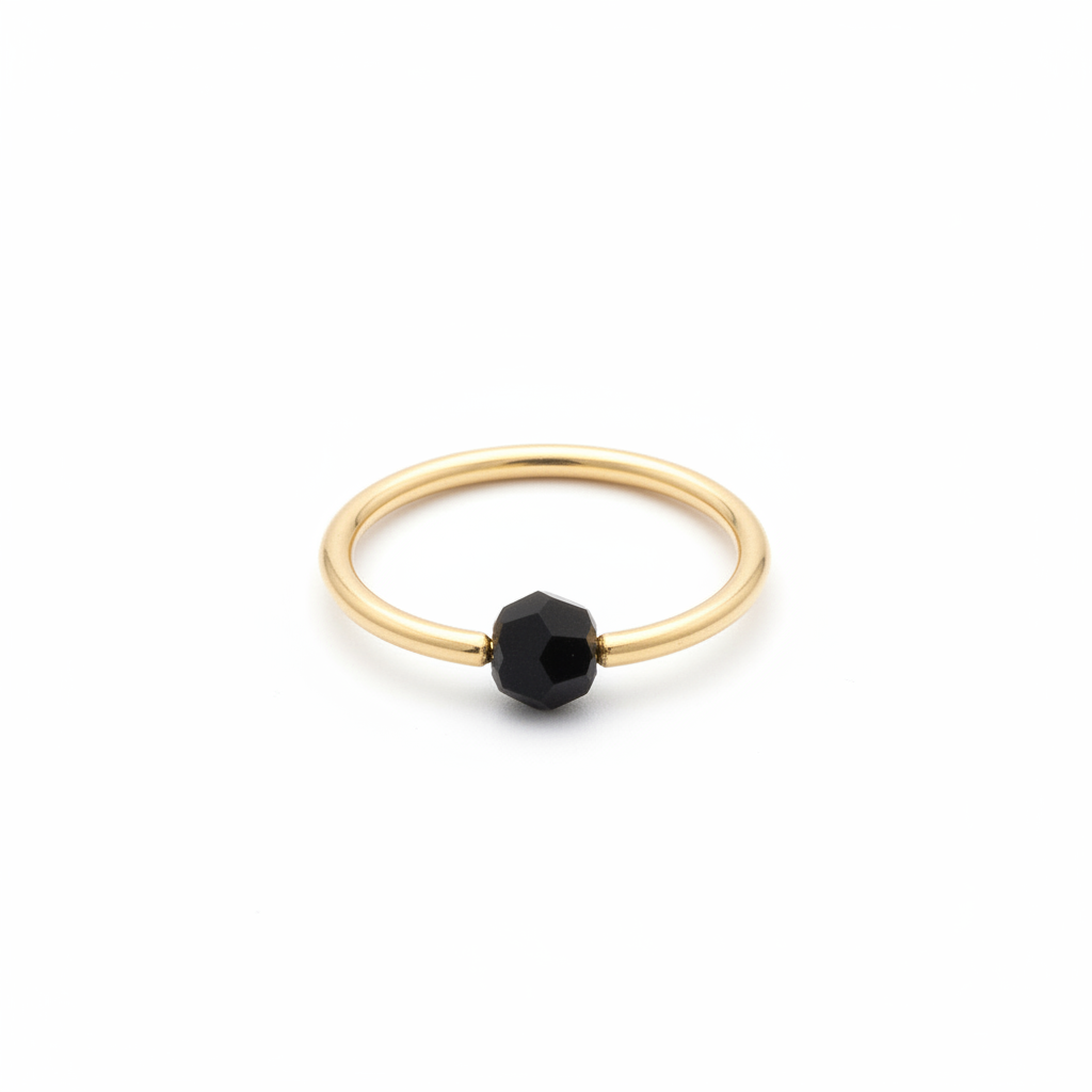 14k gold captive bead ring with black crystal