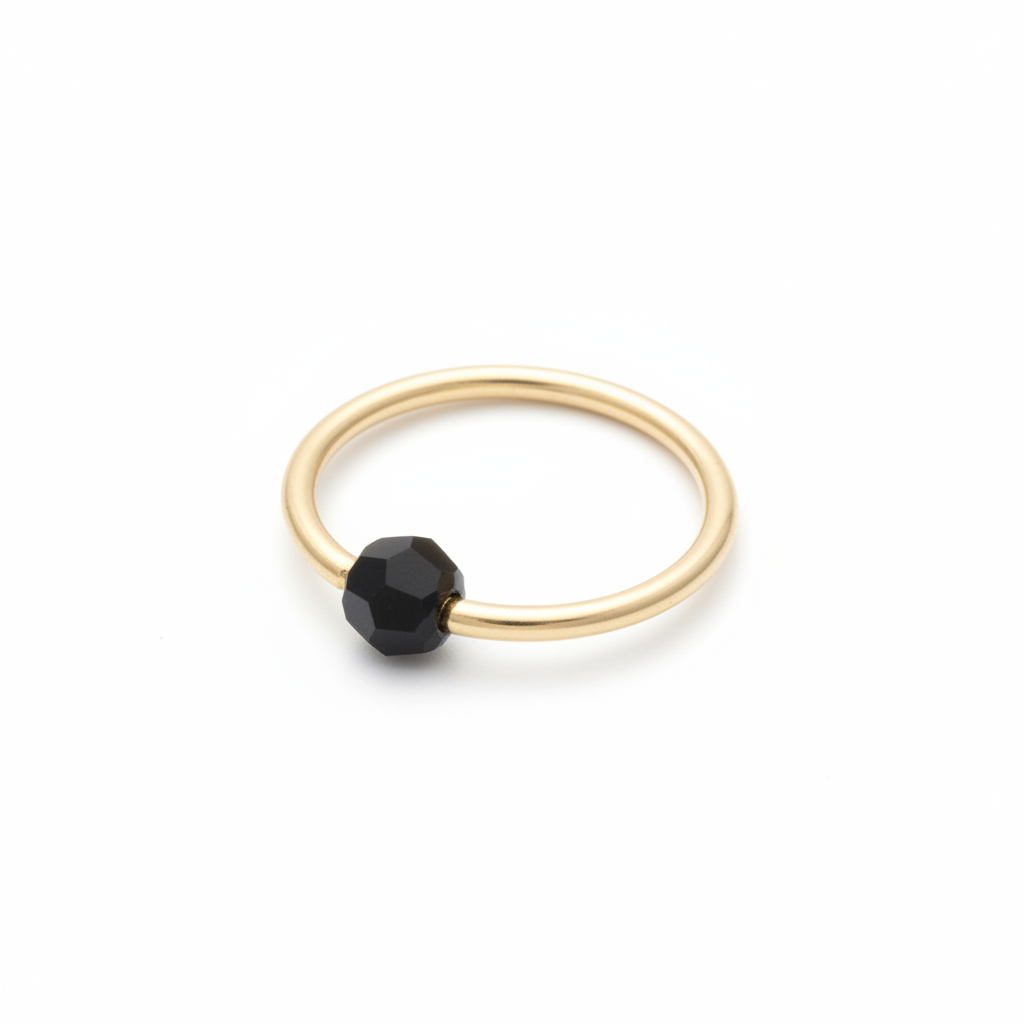 14k gold captive bead ring with black crystal