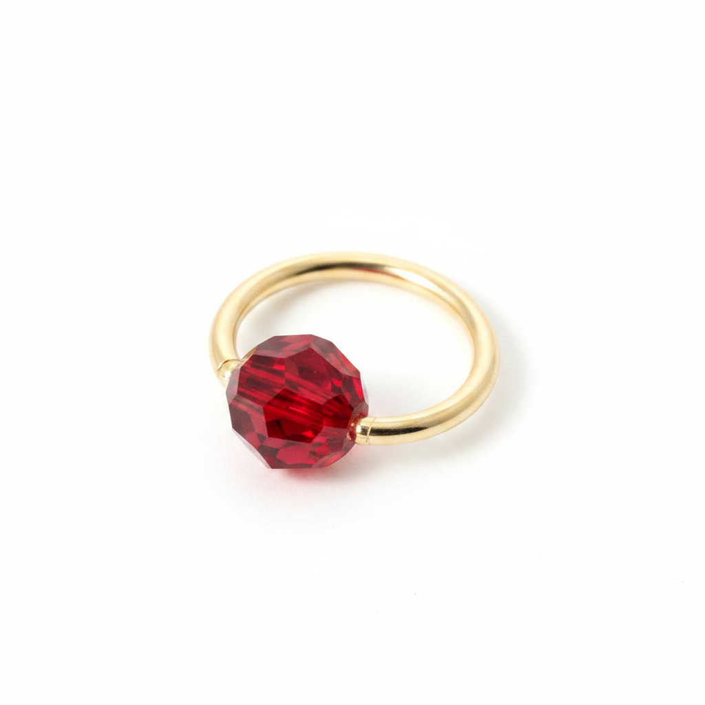 Captive Bead Ring CBR w/ RED Round Swarovski Crystal - 16 ga Hoop - 14k Gold or Platinum