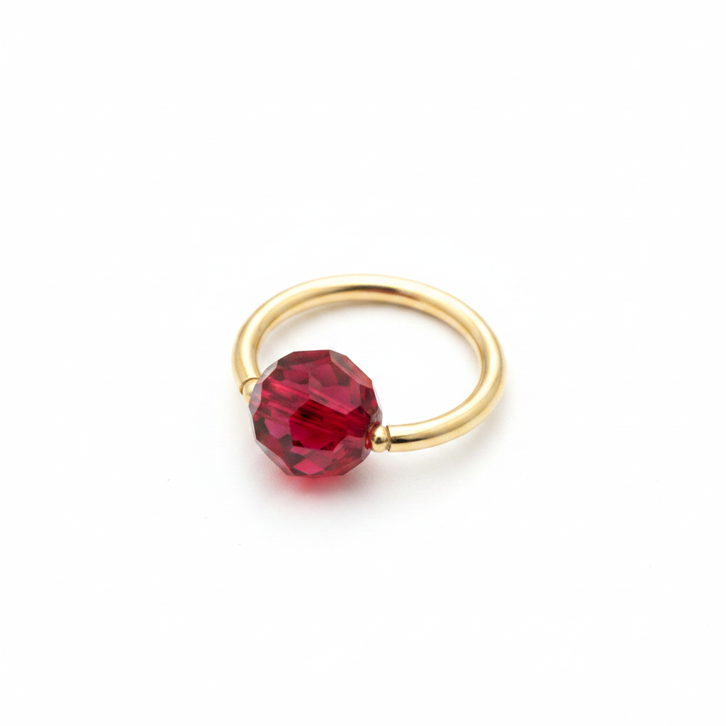 Captive Bead Ring CBR w/ RED Round Swarovski Crystal - 14 ga Hoop - 14k Gold or Platinum