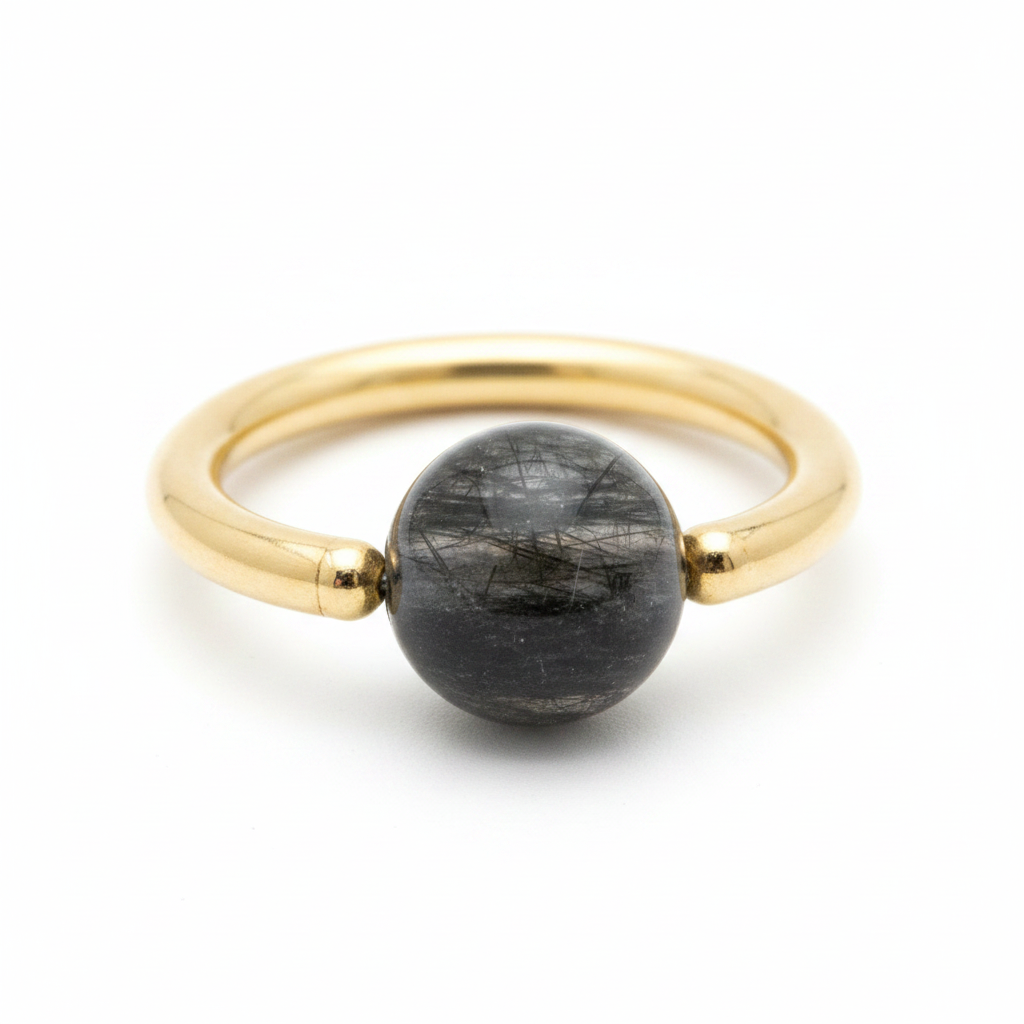 Quartz / Tourmaline Dark Captive Bead Ring CBR - 16 ga Hoop - 14k Gold or Platinum