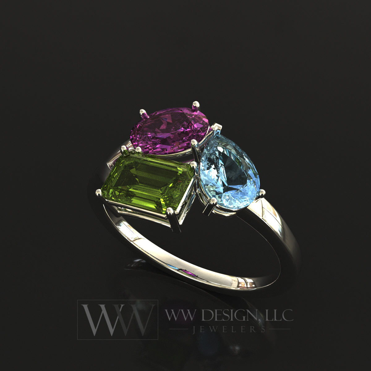 Birthstone 3-Stone Ring with Aquamarine, Peridot, Pink Tourmaline Three-Stone Ring - Customizable - 14k Gold (Y, W or R), Platinum