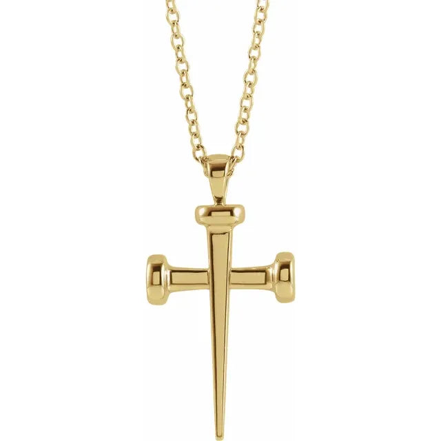 Nail Cross Necklace - 14K Gold (Y, W, or R), Platinum or Sterling Silver