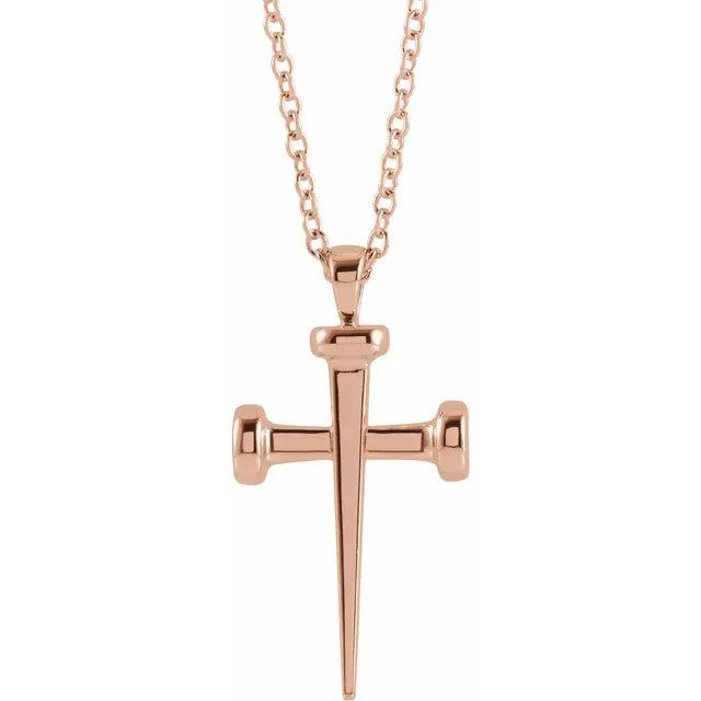 Nail Cross Necklace - 14K Gold (Y, W, or R), Platinum or Sterling Silver