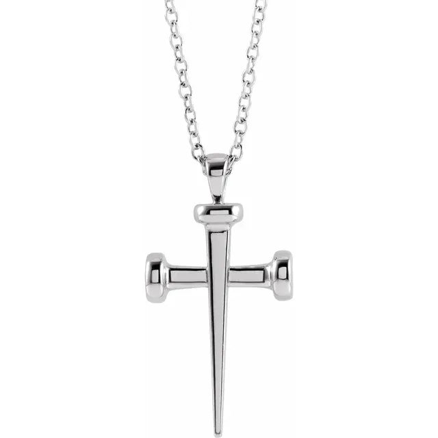 Nail Cross Necklace - 14K Gold (Y, W, or R), Platinum or Sterling Silver