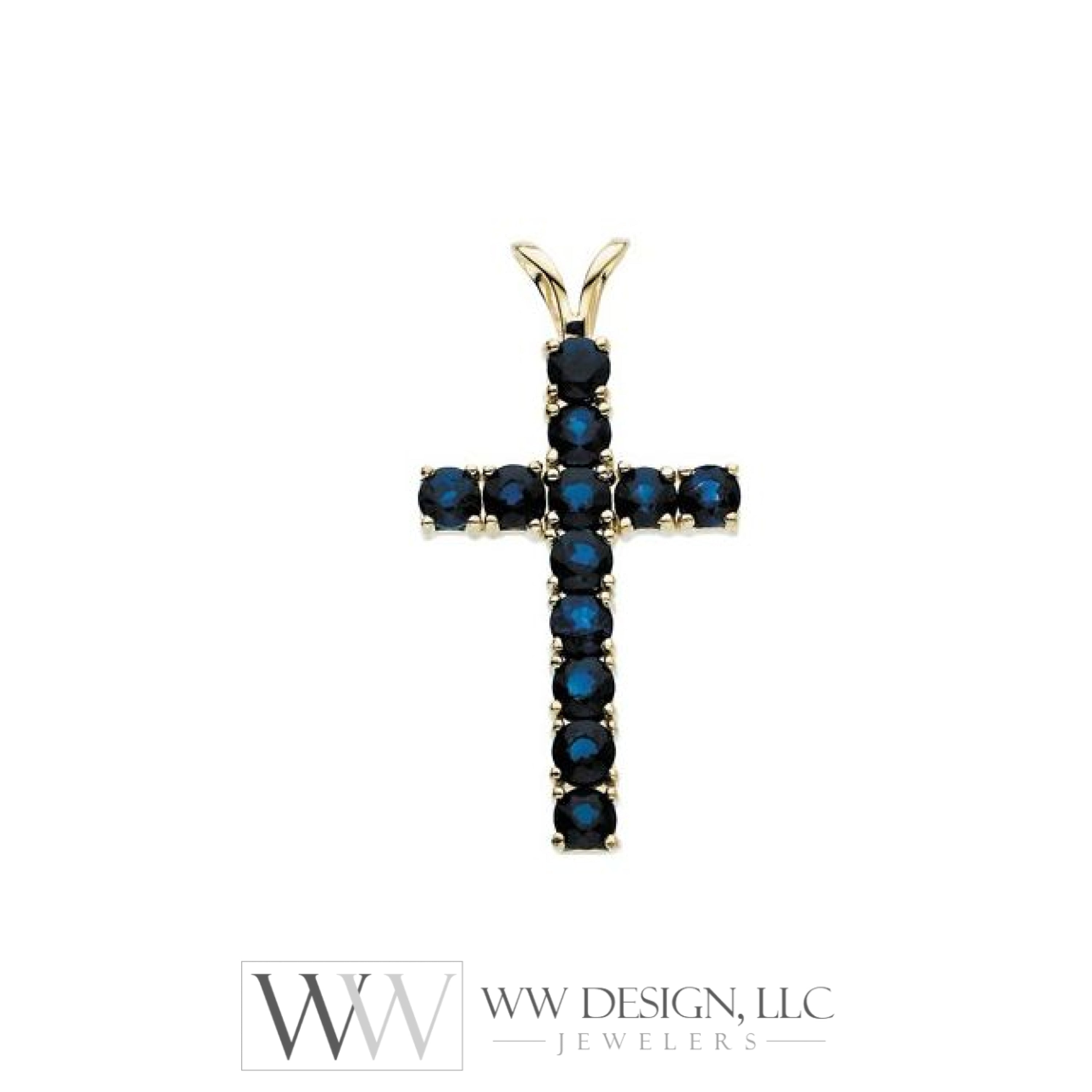 Natural Blue Sapphire Cross Pendant - 14K Gold (Y Or W) Necklace