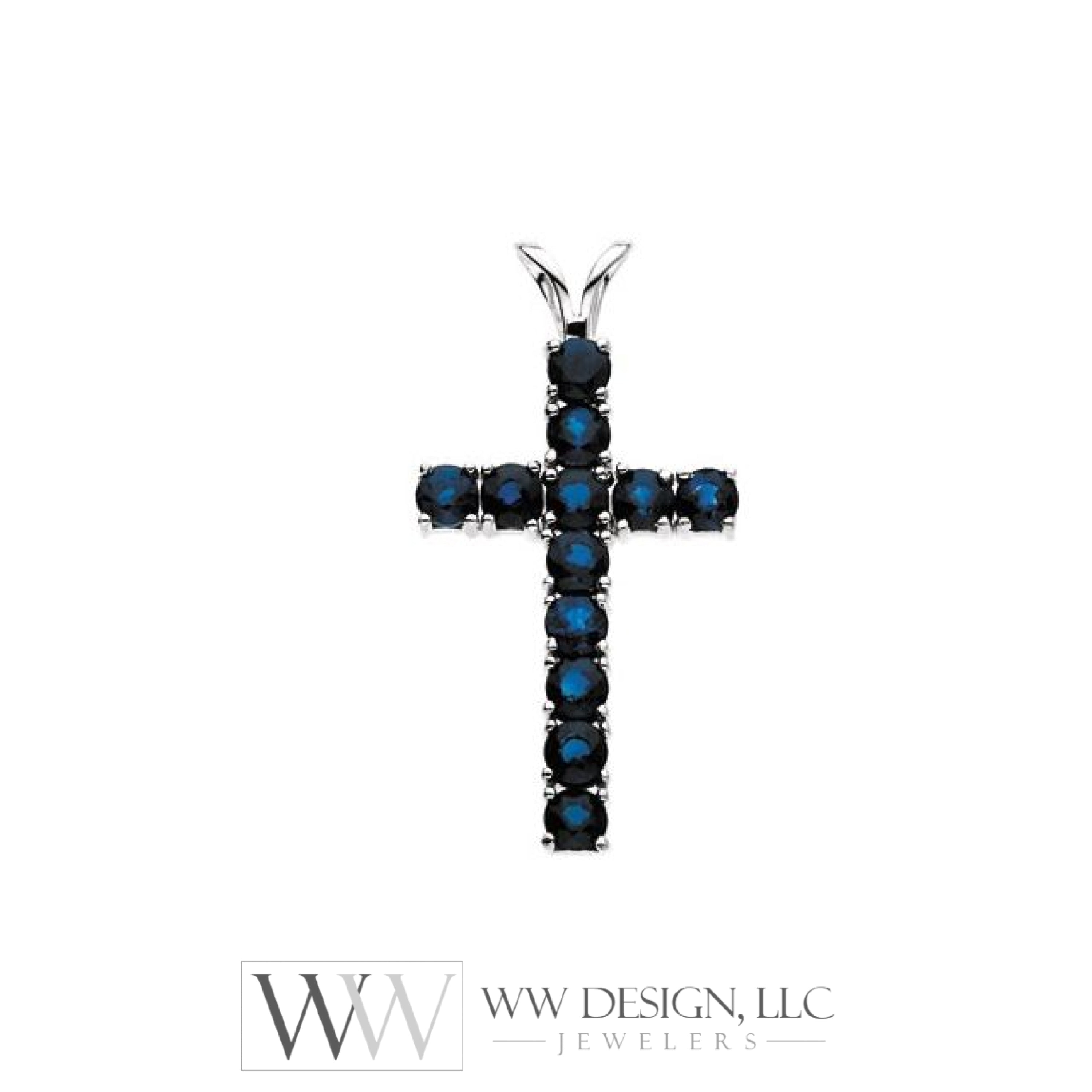 Natural Blue Sapphire Cross Pendant - 14K Gold (Y Or W) Necklace