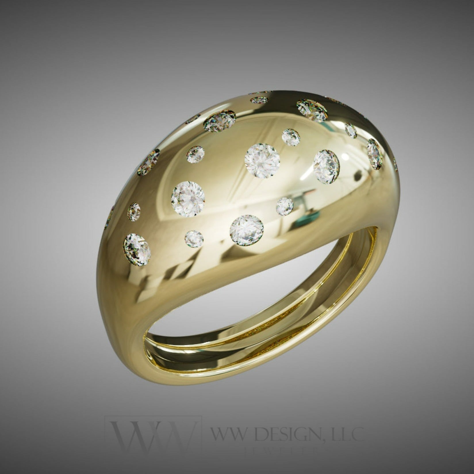 Polka Dot Diamond Dome Ring Untreated Vs F Genuine Diamonds - 14K 18K (Yellow White Rose) Platinum