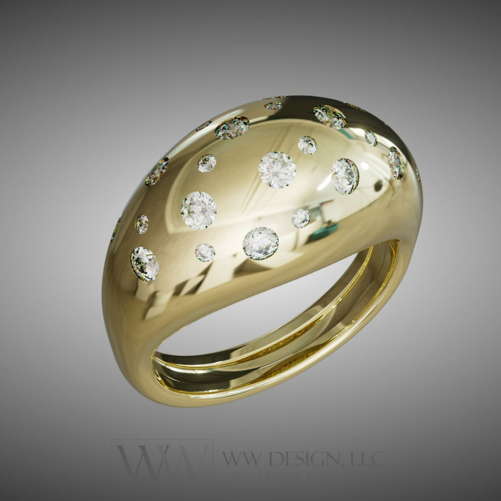Polka Dot Diamond Dome Ring Untreated Vs F Genuine Diamonds - 14K 18K (Yellow White Rose) Platinum
