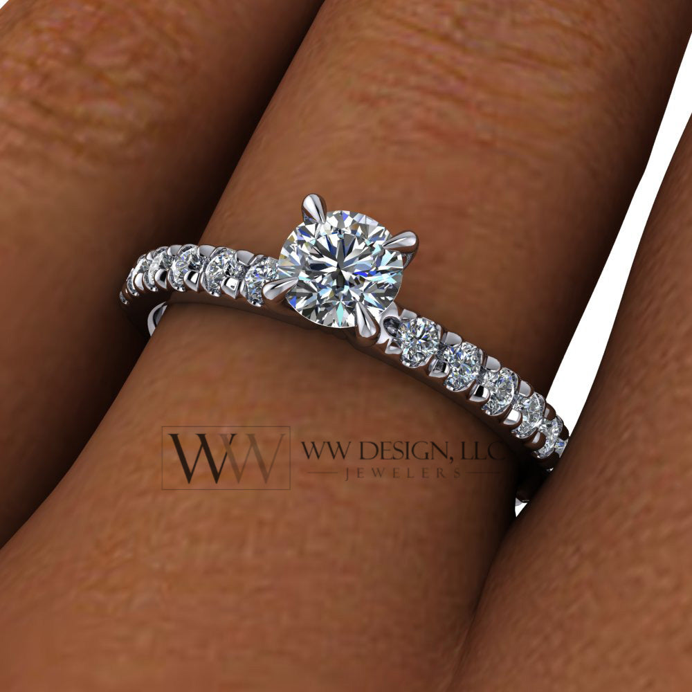 DIAMOND Engagement Ring Genuine F+ VS 0.25 ct (0.61 ctw) 4.1mm 14k Gold (Y, W, R) 18k Gold, Platinum Round w Pave Diamond Band Promise Ring