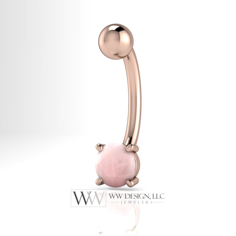 Pink ROSE QUARTZ CABOCHON Genuine Round 5mm 0.58 ct Belly Navel Ring Curved Barbell 14k Gold (Yellow, White, Rose) 14 ga Birthstone Gift