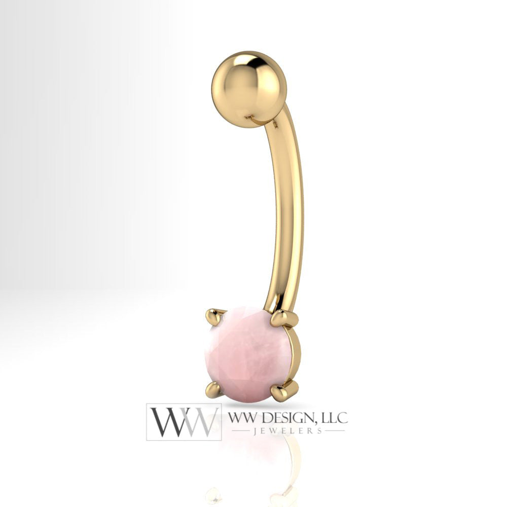 Pink ROSE QUARTZ CABOCHON Genuine Round 5mm 0.58 ct Belly Navel Ring Curved Barbell 14k Gold (Yellow, White, Rose) 14 ga Birthstone Gift
