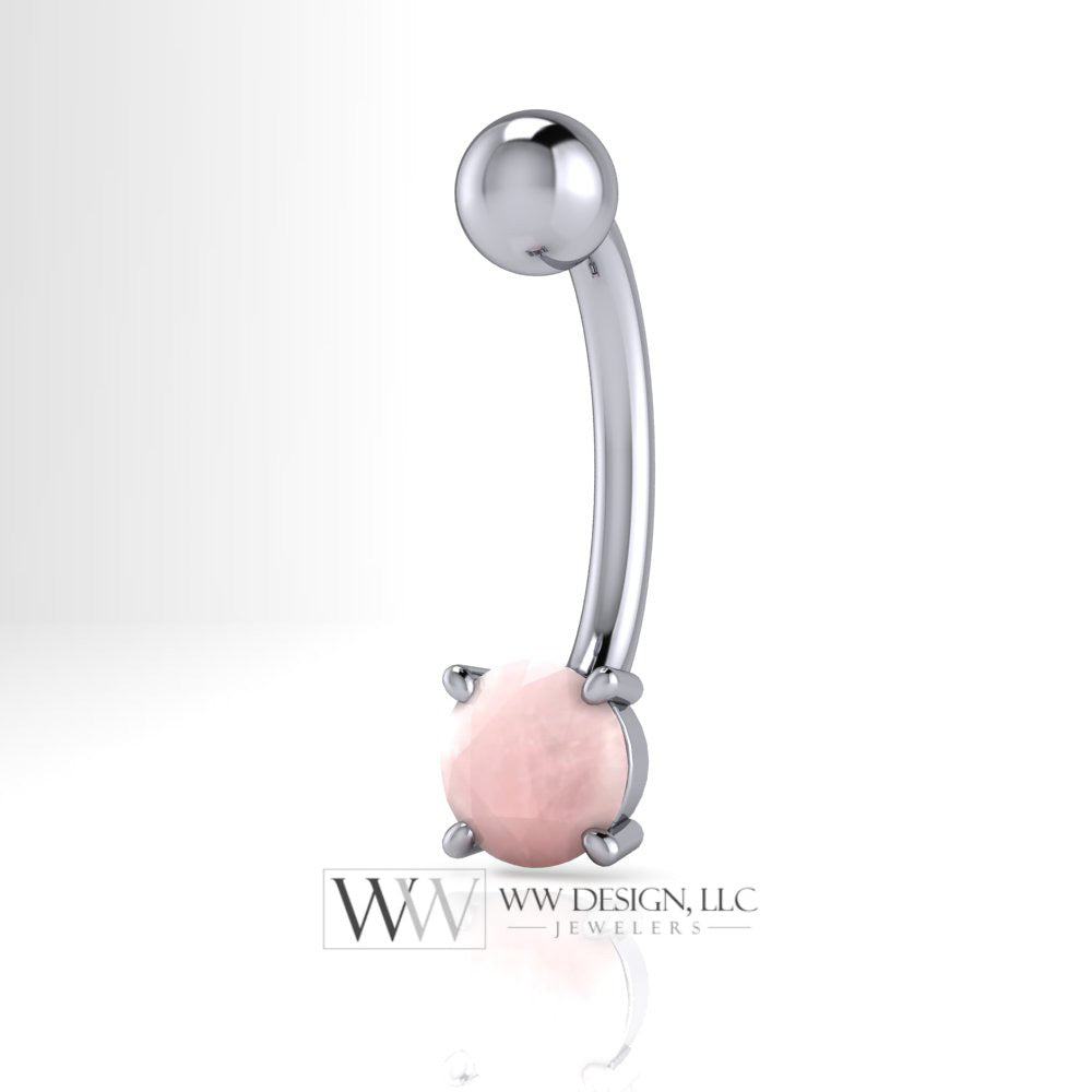 Pink ROSE QUARTZ CABOCHON Genuine Round 5mm 0.58 ct Belly Navel Ring Curved Barbell 14k Gold (Yellow, White, Rose) 14 ga Birthstone Gift