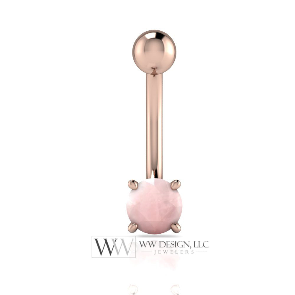 Pink ROSE QUARTZ CABOCHON Genuine Round 5mm 0.58 ct Belly Navel Ring Curved Barbell 14k Gold (Yellow, White, Rose) 14 ga Birthstone Gift
