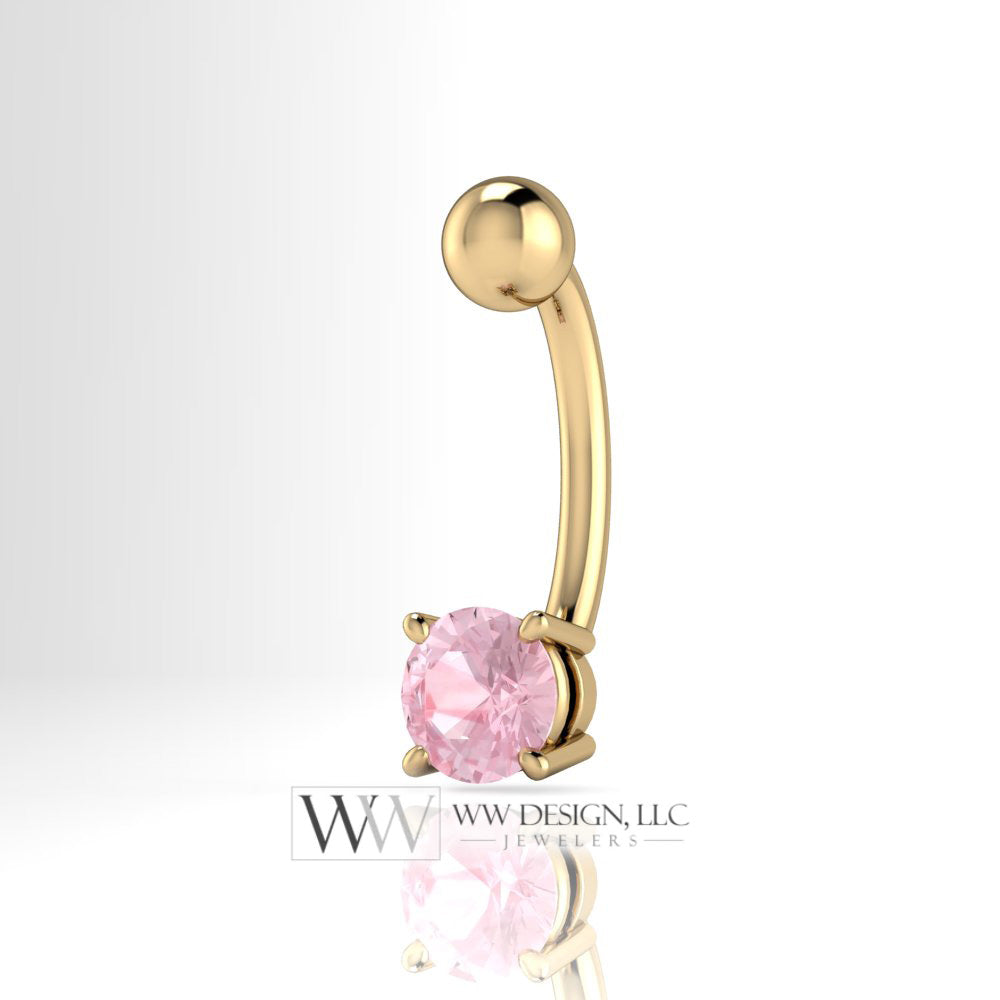 Pink MORGANITE Genuine Round 5mm 0.48 ct Belly Navel Ring Curved Barbell 14k Gold (Yellow, White, Rose) 14 ga March Birthstone Gift
