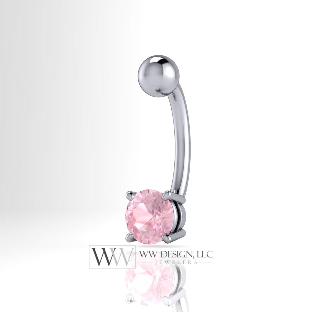 Pink MORGANITE Genuine Round 5mm 0.48 ct Belly Navel Ring Curved Barbell 14k Gold (Yellow, White, Rose) 14 ga March Birthstone Gift