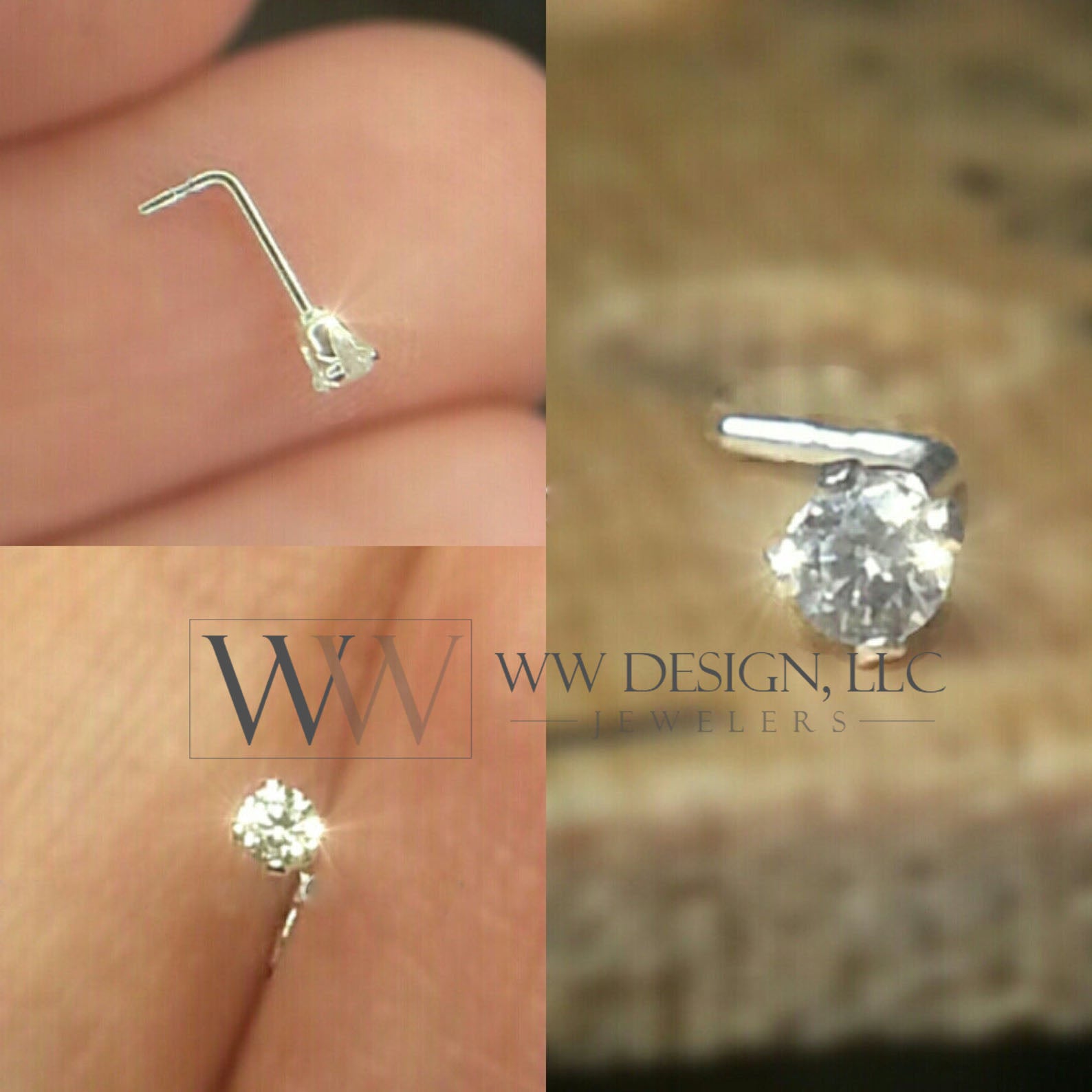 Nose Ring Stud Post w/ 2mm Swarovski Crystal - Sterling Silver or 14k Yellow/ White Gold Filled/ Solid L-Post White Clear Sparkly Crystal CZ