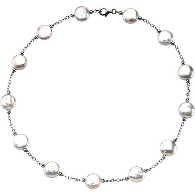 12-13mm Freshwater Cultured White Coin Pearl Station 18" Necklace - Sterling Silver
