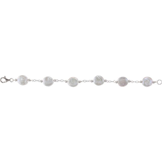 12-13mm Freshwater Cultured White Coin Pearl Station 7.5" Bracelet - Sterling Silver