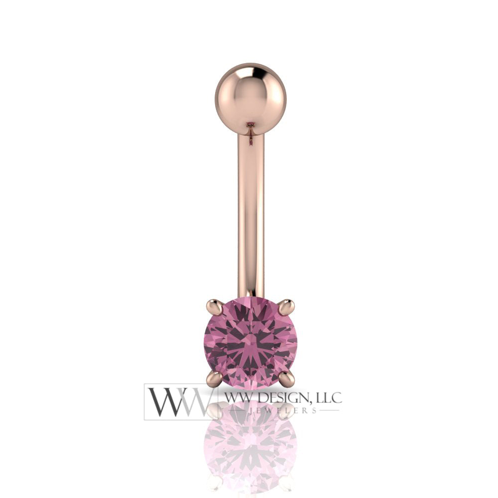 Genuine Pink Sapphire 14k Gold Belly Navel Ring Curved Barbell 14k Gold (Yellow, White, Rose) 14 ga Round Pink Sapphire 5mm 0.6 ct