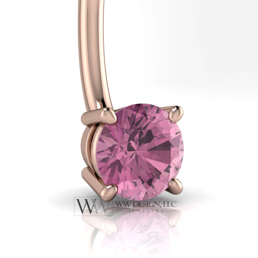 Genuine Pink Sapphire 14k Gold Belly Navel Ring Curved Barbell 14k Gold (Yellow, White, Rose) 14 ga Round Pink Sapphire 5mm 0.6 ct
