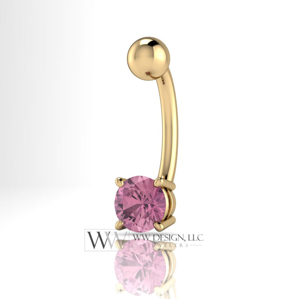 Genuine Pink Sapphire 14k Gold Belly Navel Ring Curved Barbell 14k Gold (Yellow, White, Rose) 14 ga Round Pink Sapphire 5mm 0.6 ct