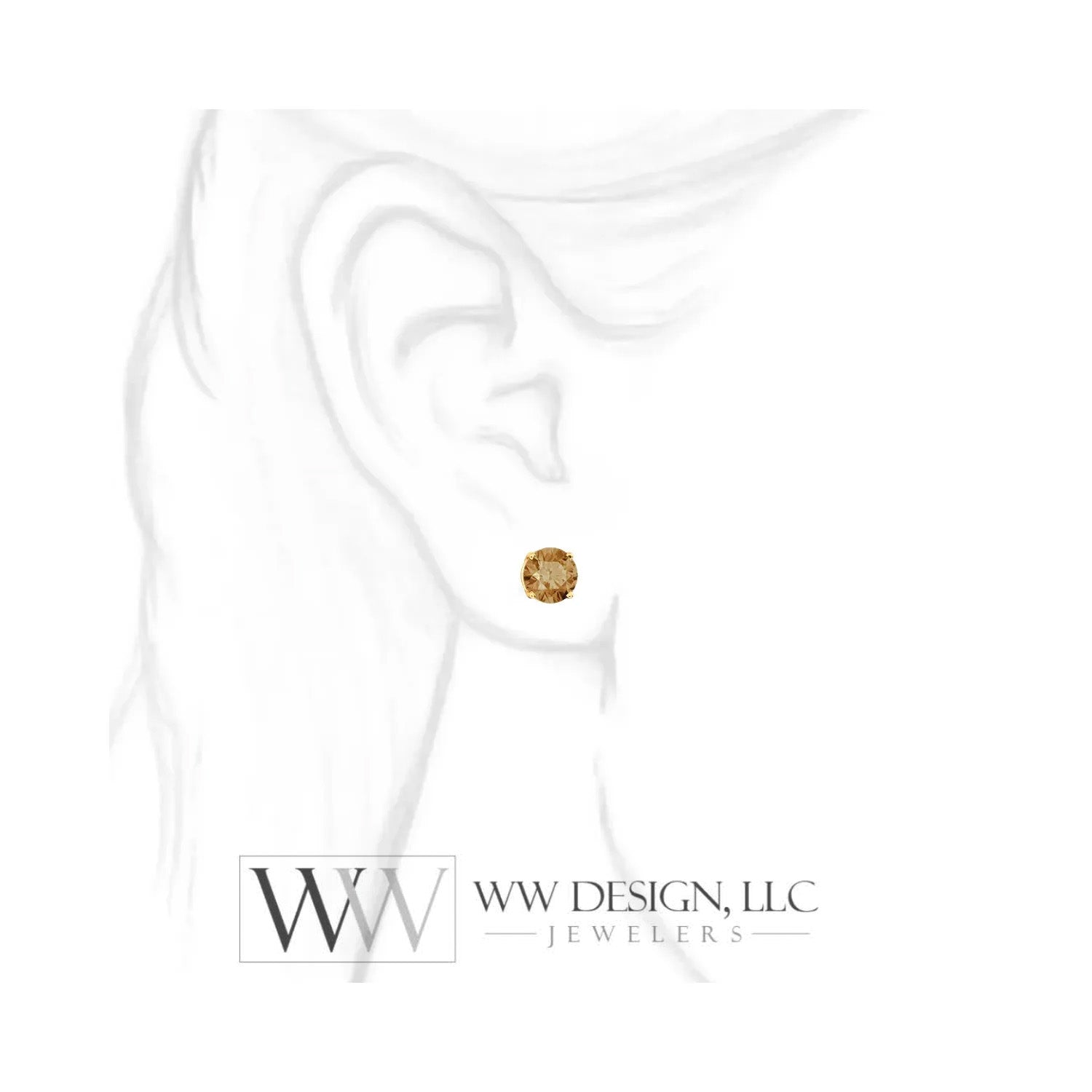 Genuine 2 ctw Champagne DIAMOND Earring Studs 6.5mm 2 ctw (each 1ct) Post w/ 14k Solid Gold (Yellow, Rose, White) Silver, Platinum Brown Diamond Studs - WWDesignJewelers.com