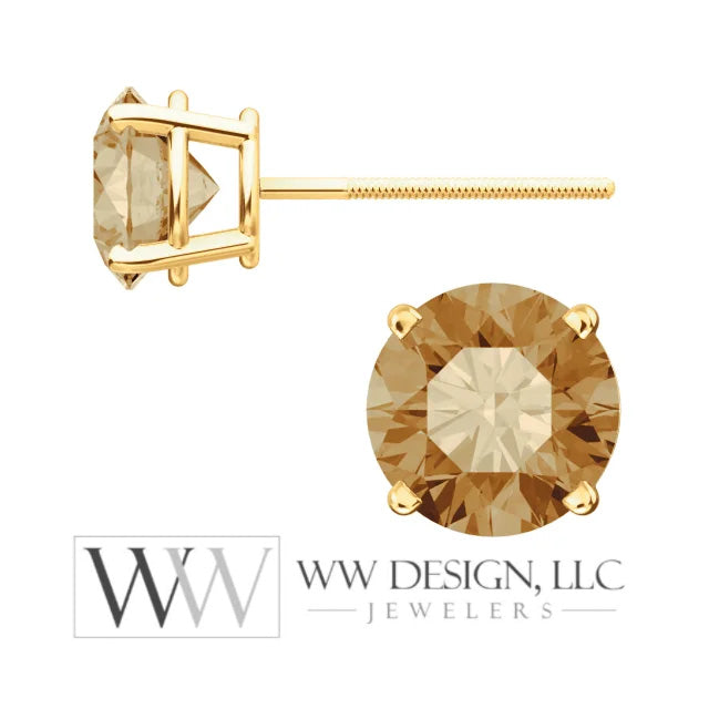 Genuine 2 ctw Champagne DIAMOND Earring Studs 6.5mm 2 ctw (each 1ct) Post w/ 14k Solid Gold (Yellow, Rose, White) Silver, Platinum Brown Diamond Studs - WWDesignJewelers.com