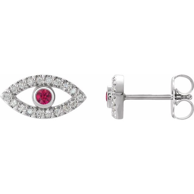 Evil Eye Ruby & White Sapphire Earrings - 14K Gold (Y, R or W), Platinum, or Sterling Silver