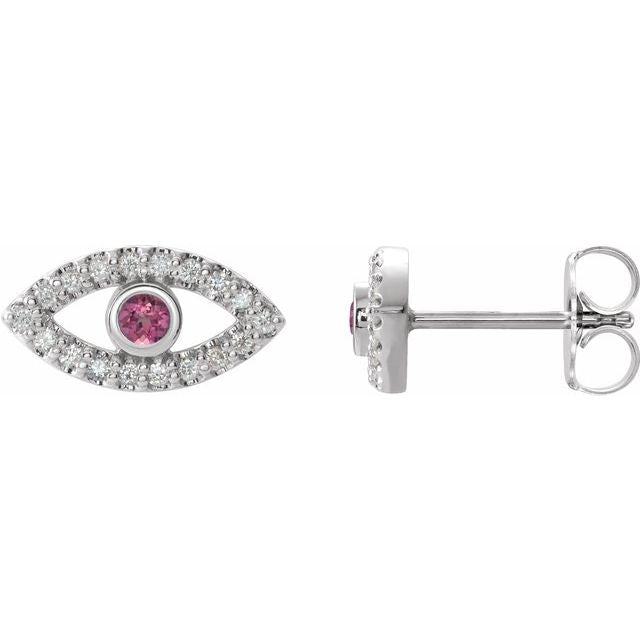 Evil Eye Pink Tourmaline & White Sapphire Earrings - 14K Gold (Y, R or W), Platinum, or Sterling Silver