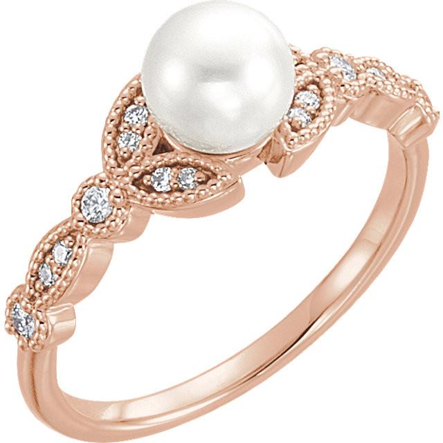 14K Yellow Freshwater Pearl & 1/8 CTW Diamond Leaf Ring - 14k Gold (Y, W or R), Platinum, Sterling Silver