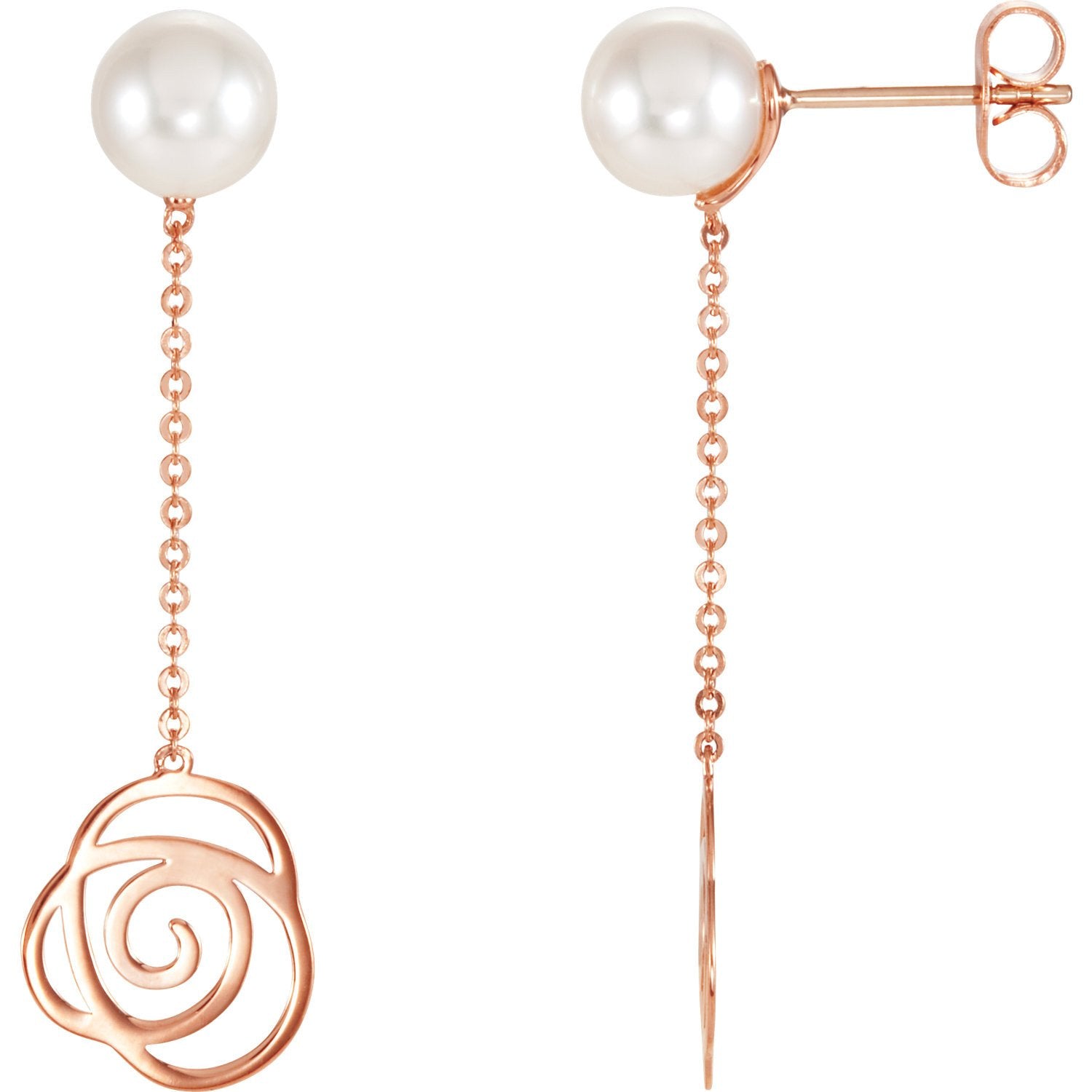 Freshwater Pearl and Rose Floral Chain Earrings - 14k Rose Gold