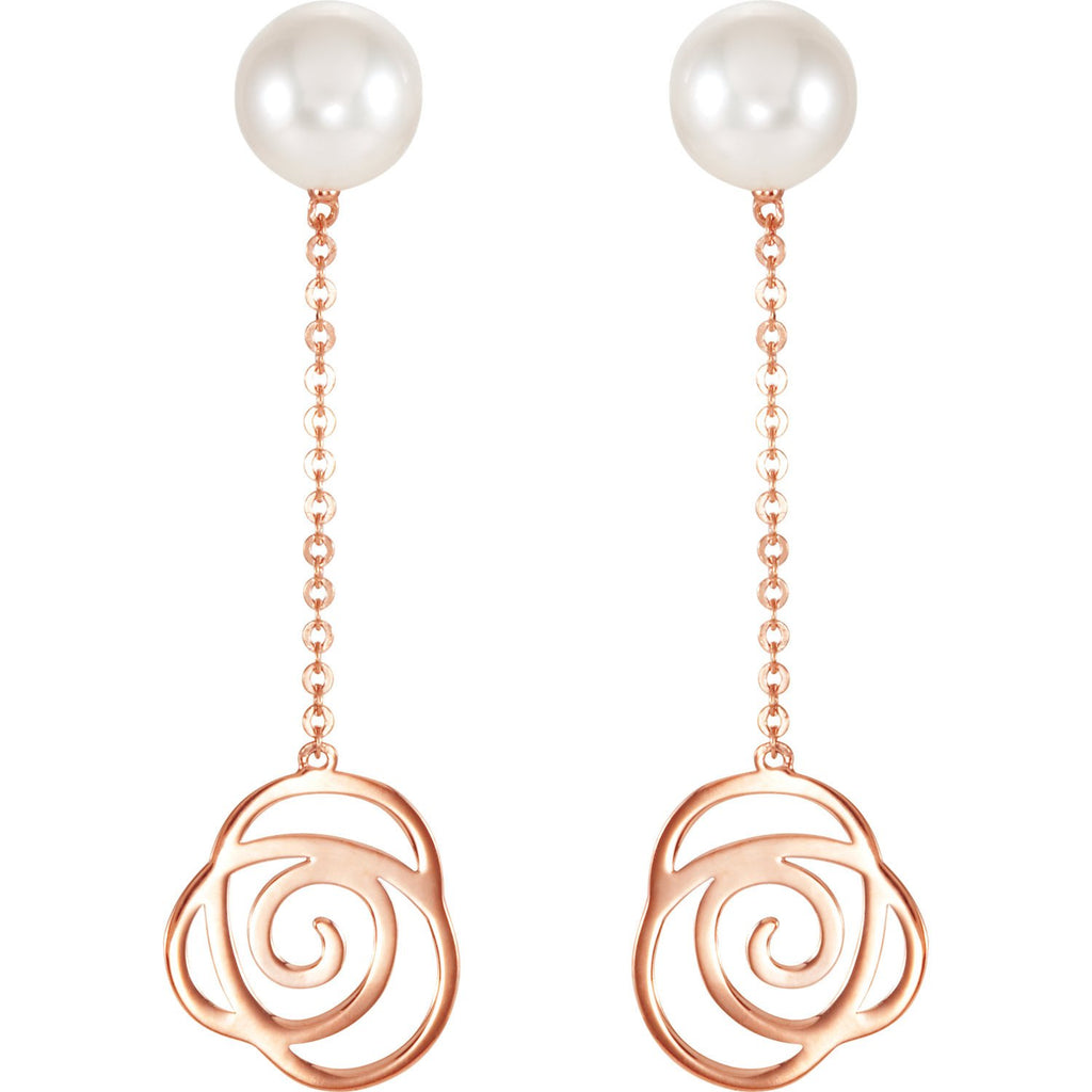 Freshwater Pearl and Rose Floral Chain Earrings - 14k Rose Gold