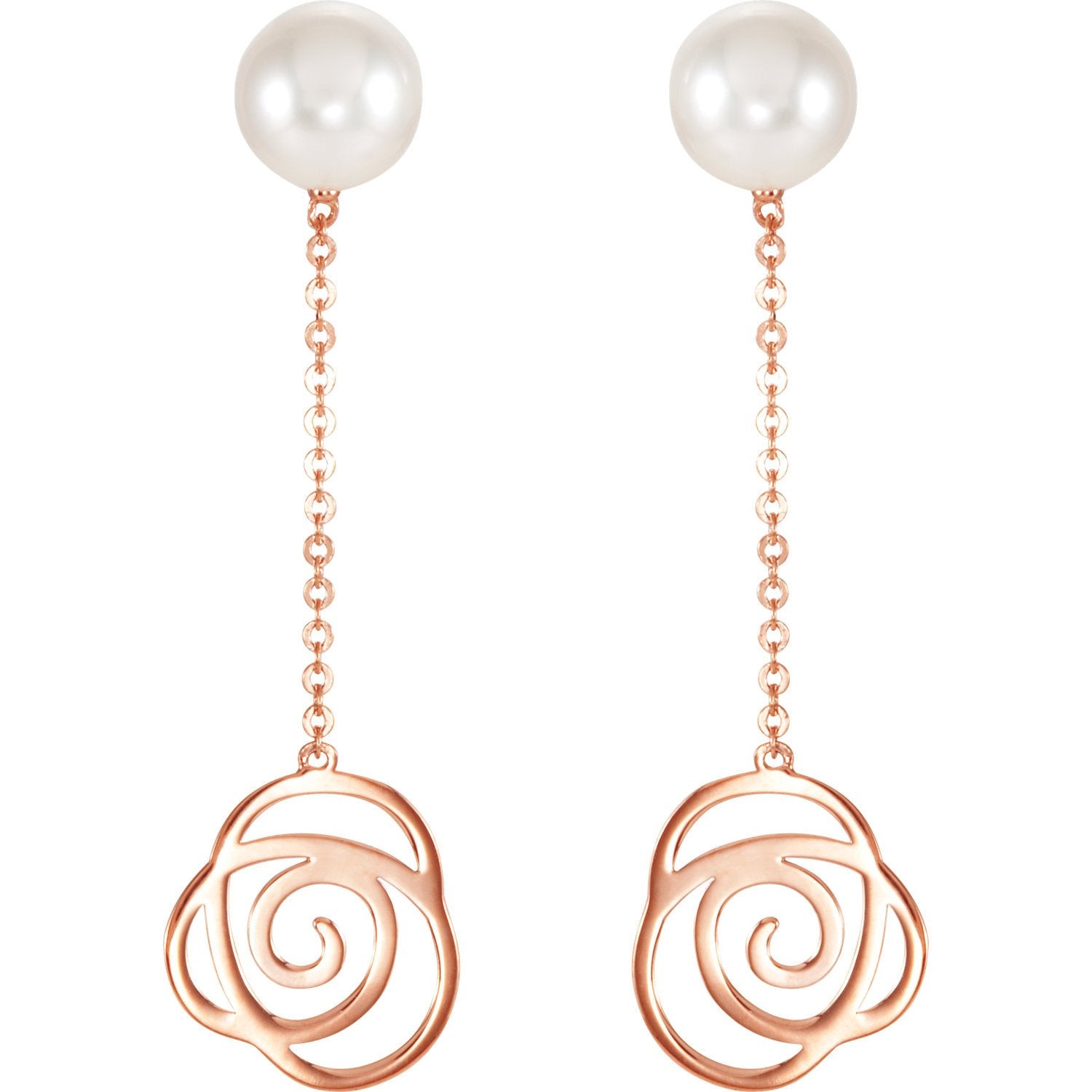 Freshwater Pearl and Rose Floral Chain Earrings - 14k Rose Gold