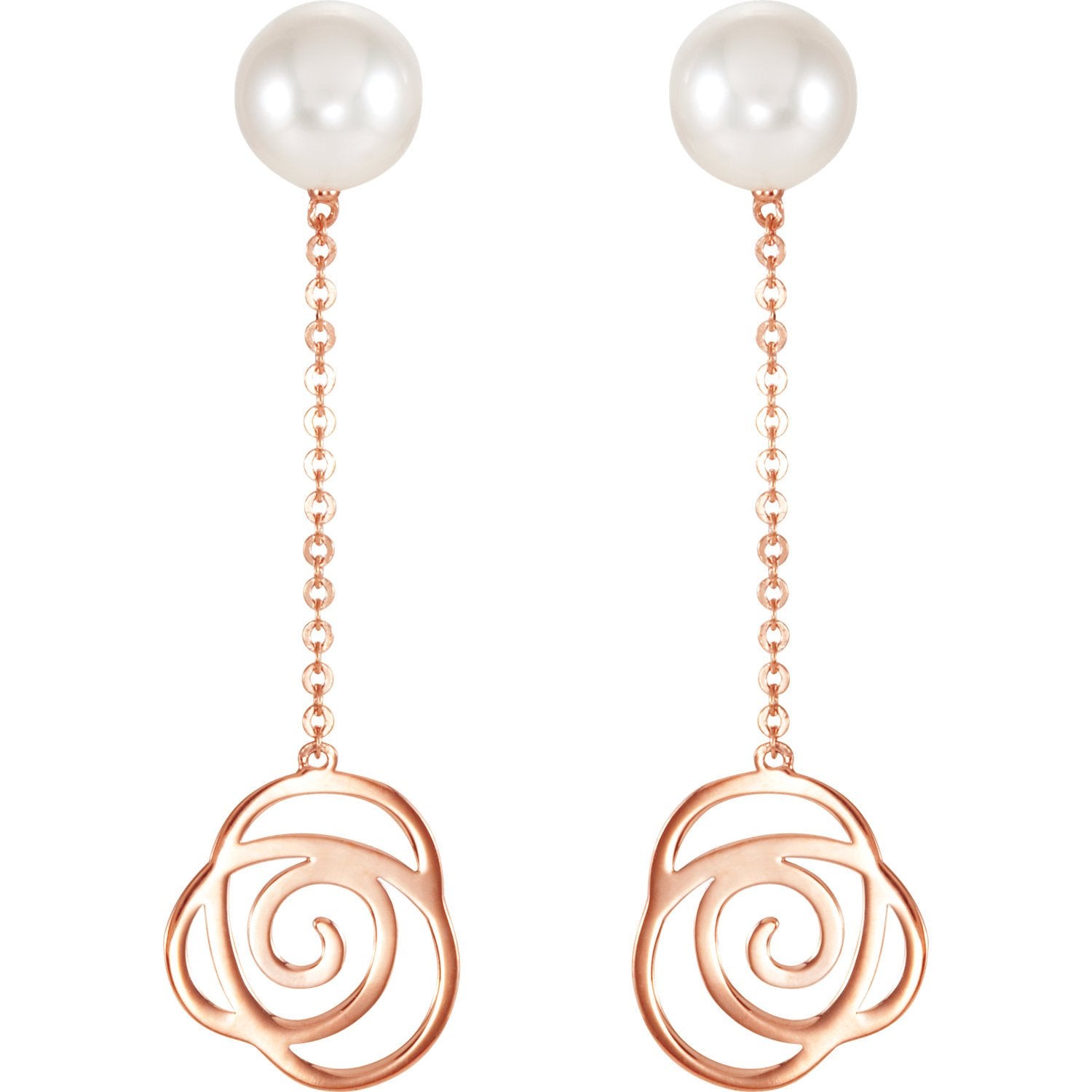 Freshwater Pearl and Rose Floral Chain Earrings - 14k Rose Gold