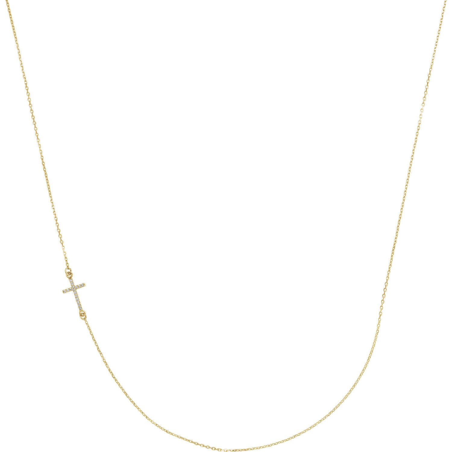 0.05 CTW Diamond Off-Centered Sideways Cross Necklace 16" - 14k Gold (Y, W or R), Platinum, Sterling Silver