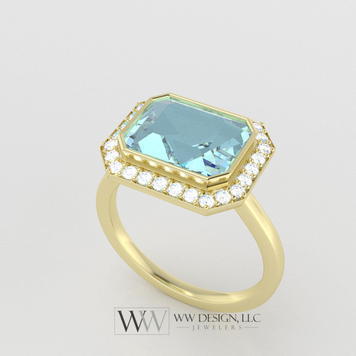 Aquamarine 3ct East West Emerald Shaped Ring with 0.28ctw Diamond Halo - 14k 18k Gold (Y, R,W) Platinum