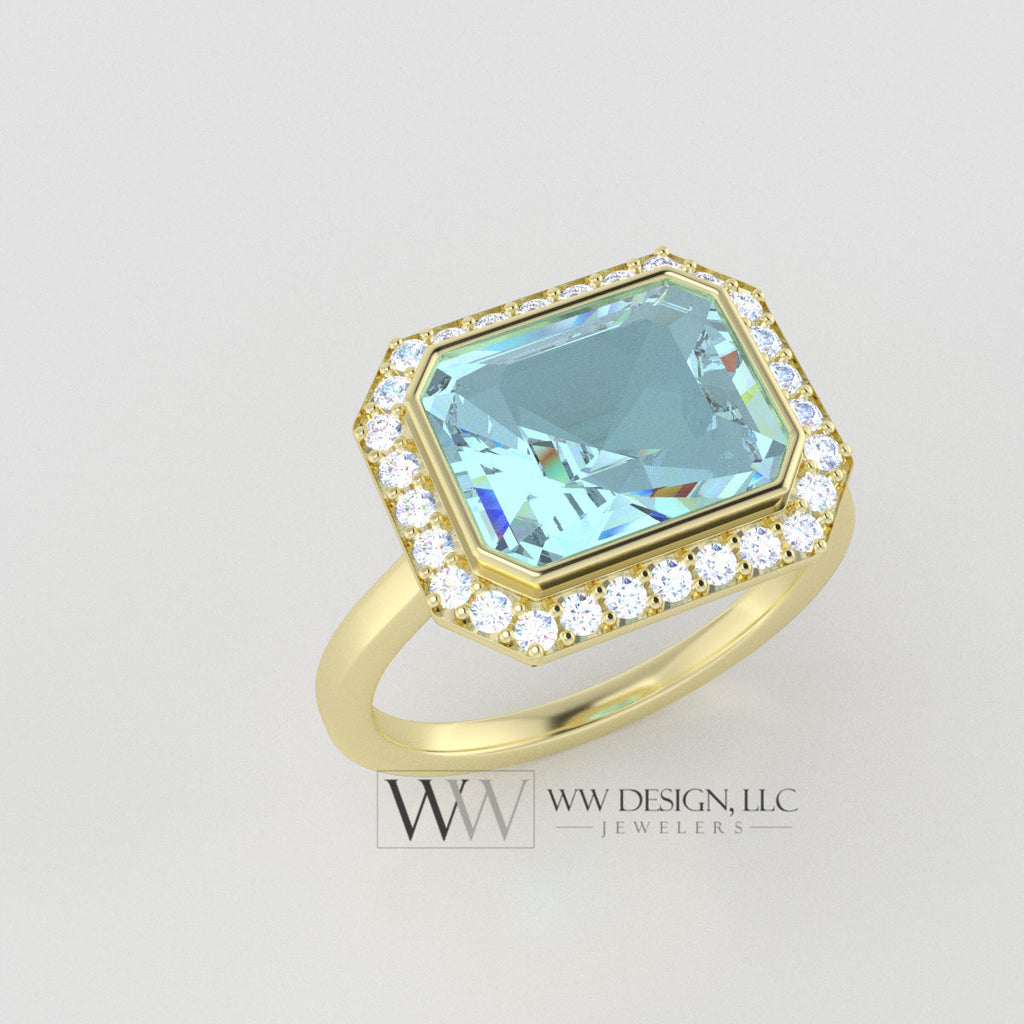 Aquamarine 3ct East West Emerald Shaped Ring with 0.28ctw Diamond Halo - 14k 18k Gold (Y, R,W) Platinum