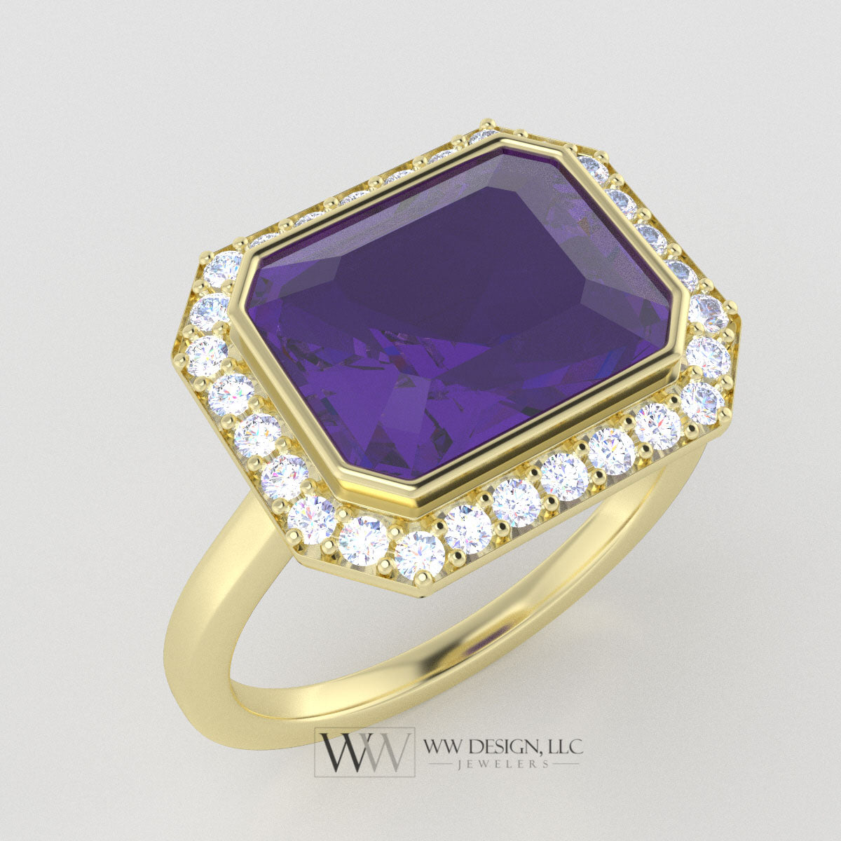 AAA Genuine 3.15ct Amethyst East West Emerald Shaped Ring with 0.28ctw Diamond Halo - 14k 18k Gold (Y, R,W) Platinum