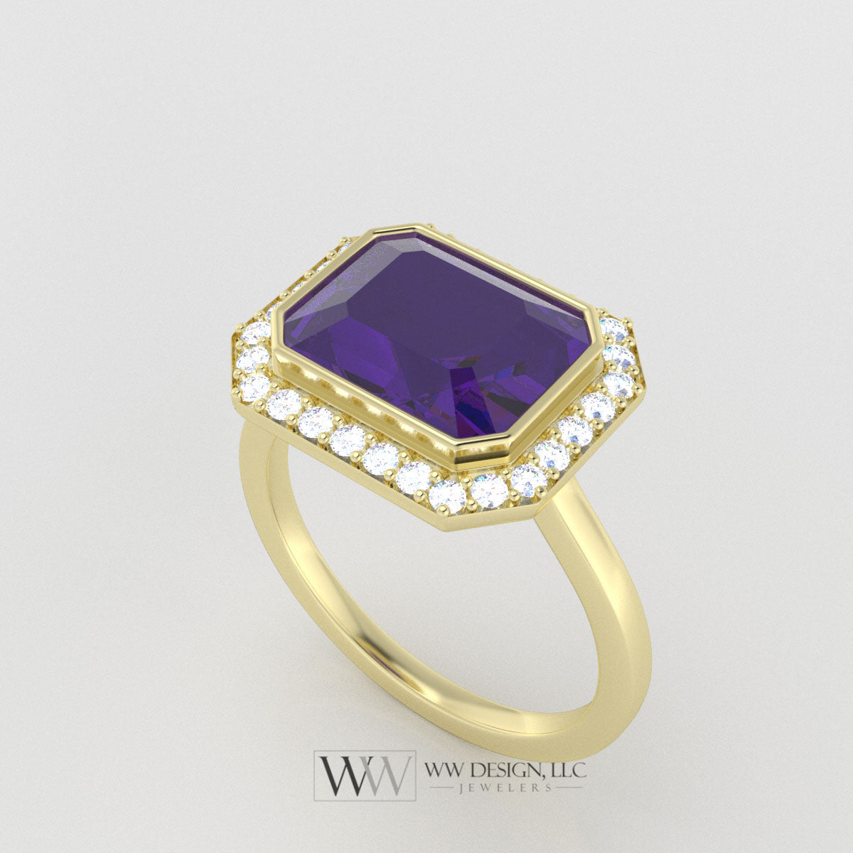 AAA Genuine 3.15ct Amethyst East West Emerald Shaped Ring with 0.28ctw Diamond Halo - 14k 18k Gold (Y, R,W) Platinum